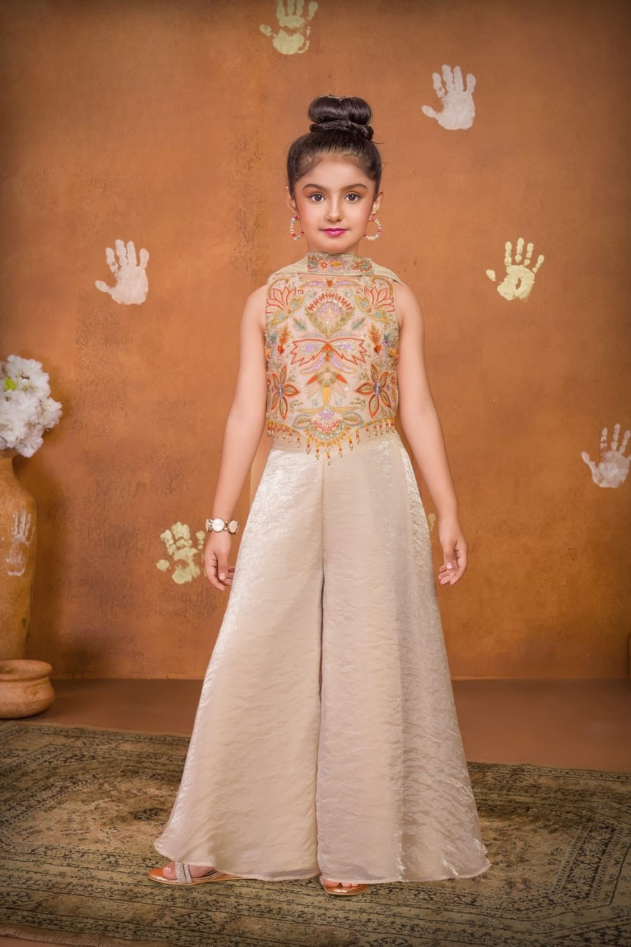 Cream Embroidered Crop Top with Flared Palazzo Set | Ethnic Outfit for Girls
