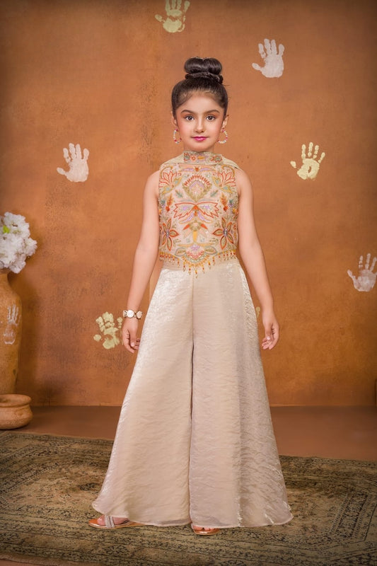 Cream Embroidered Crop Top with Flared Palazzo Set | Ethnic Outfit for Girls