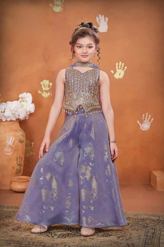 Lavender Embroidered Crop Top with Foil Print Flared Palazzo Set | Ethnic Outfit for Girls