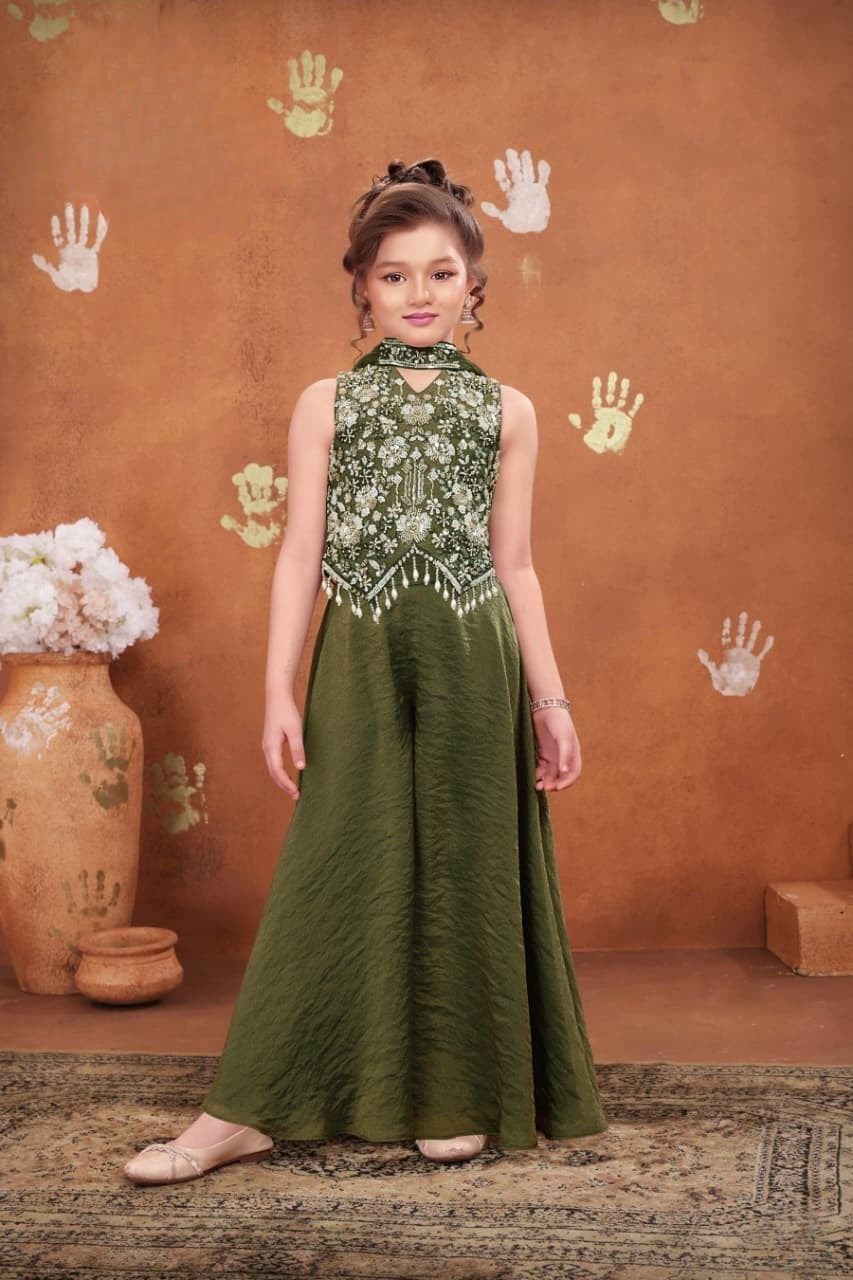 Mehendi Green Embroidered Crop Top with Flared Palazzo Set | Ethnic Outfit for Girls