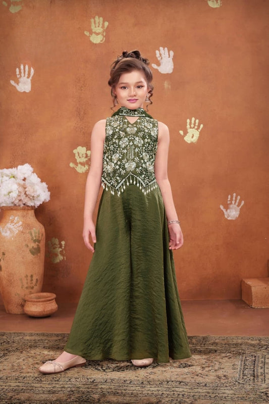Mehendi Green Embroidered Crop Top with Flared Palazzo Set | Ethnic Outfit for Girls
