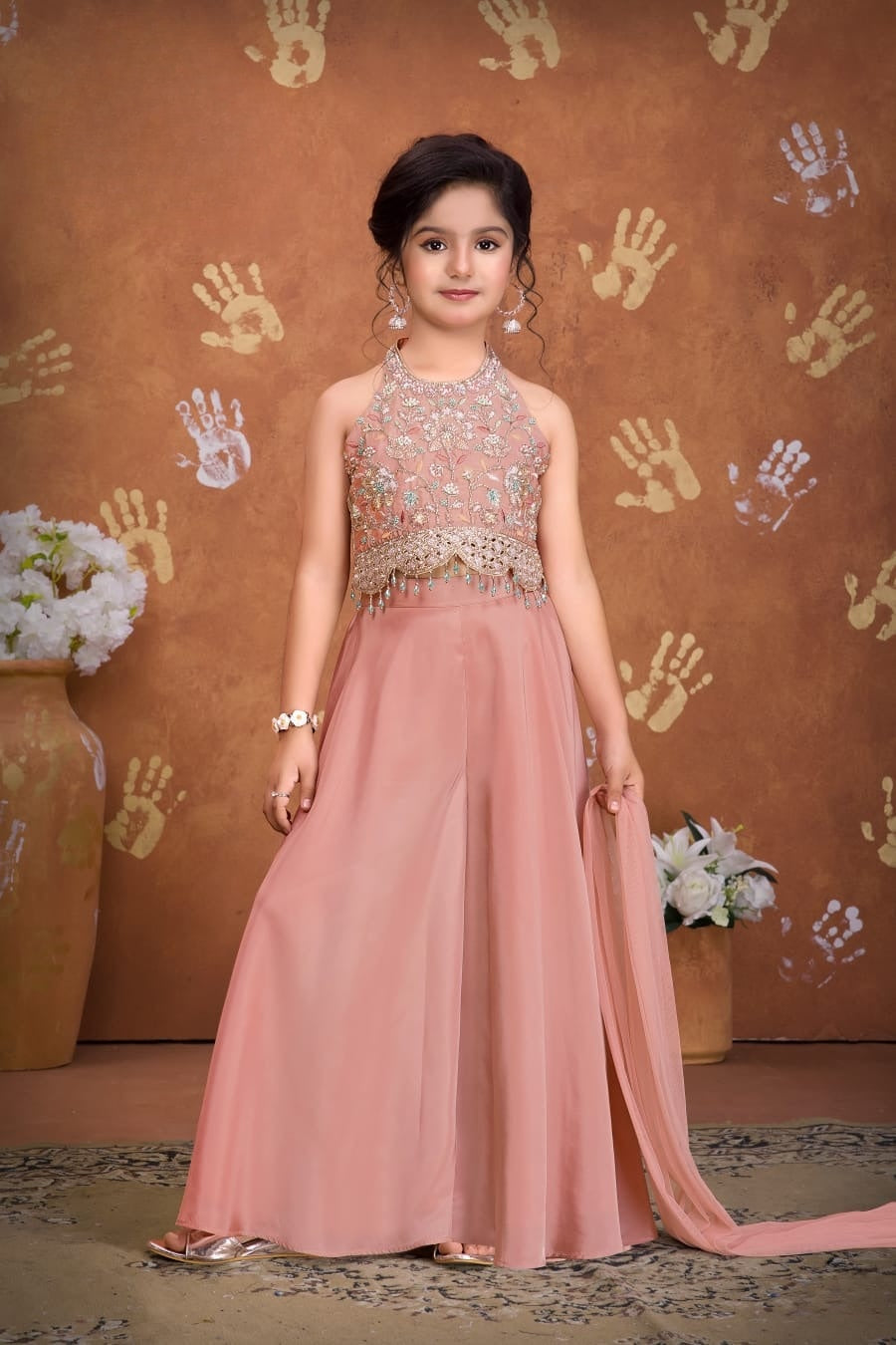 Pink Embroidered Crop Top with Flared Palazzo & Dupatta Set | Ethnic Outfit for Girls