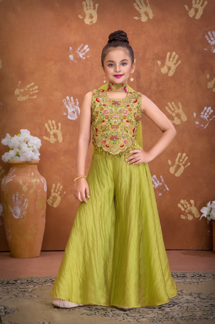 Mehendi Yellow Embroidered Crop Top with Palazzo & Dupatta Set | Ethnic Outfit for Girls