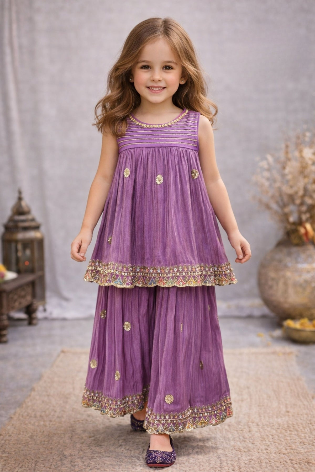 Purple Embroidered Kurti with Sharara Set | Ethnic Outfit for Girls