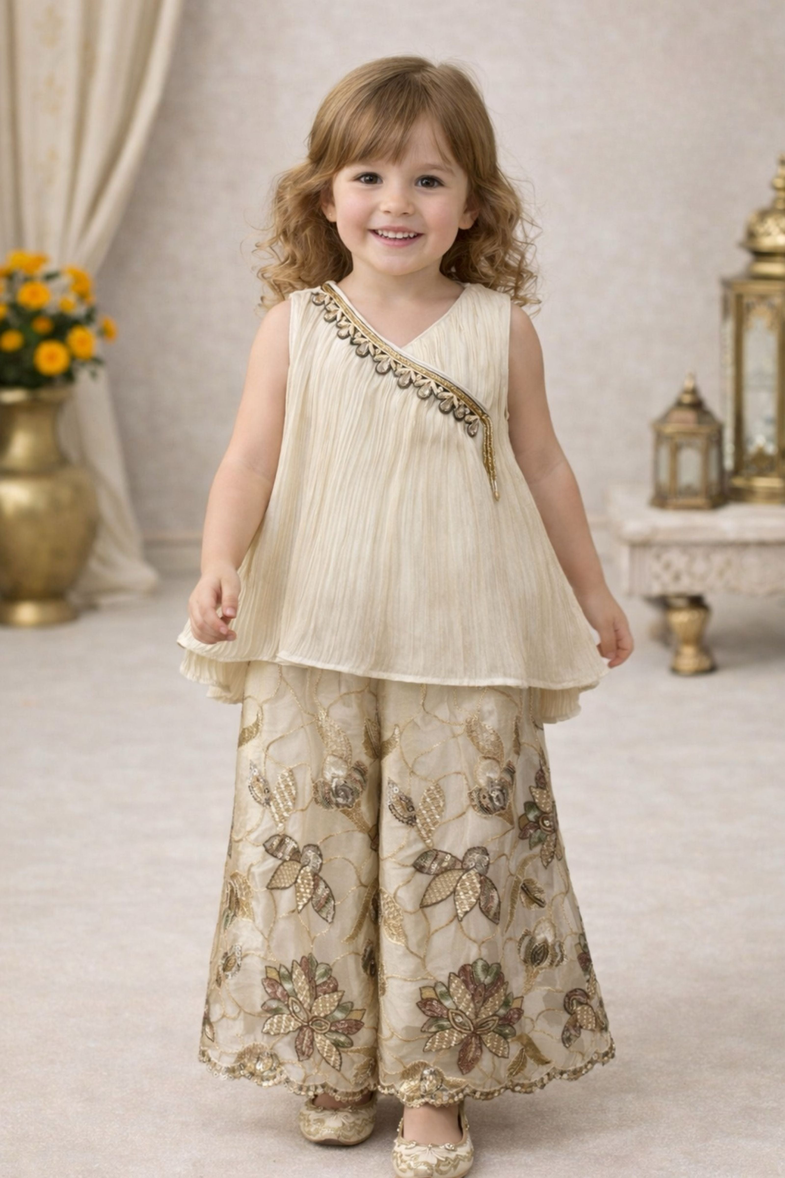 Cream Gold Embroidered Kurti with Palazzo Set | Ethnic Outfit for Girls