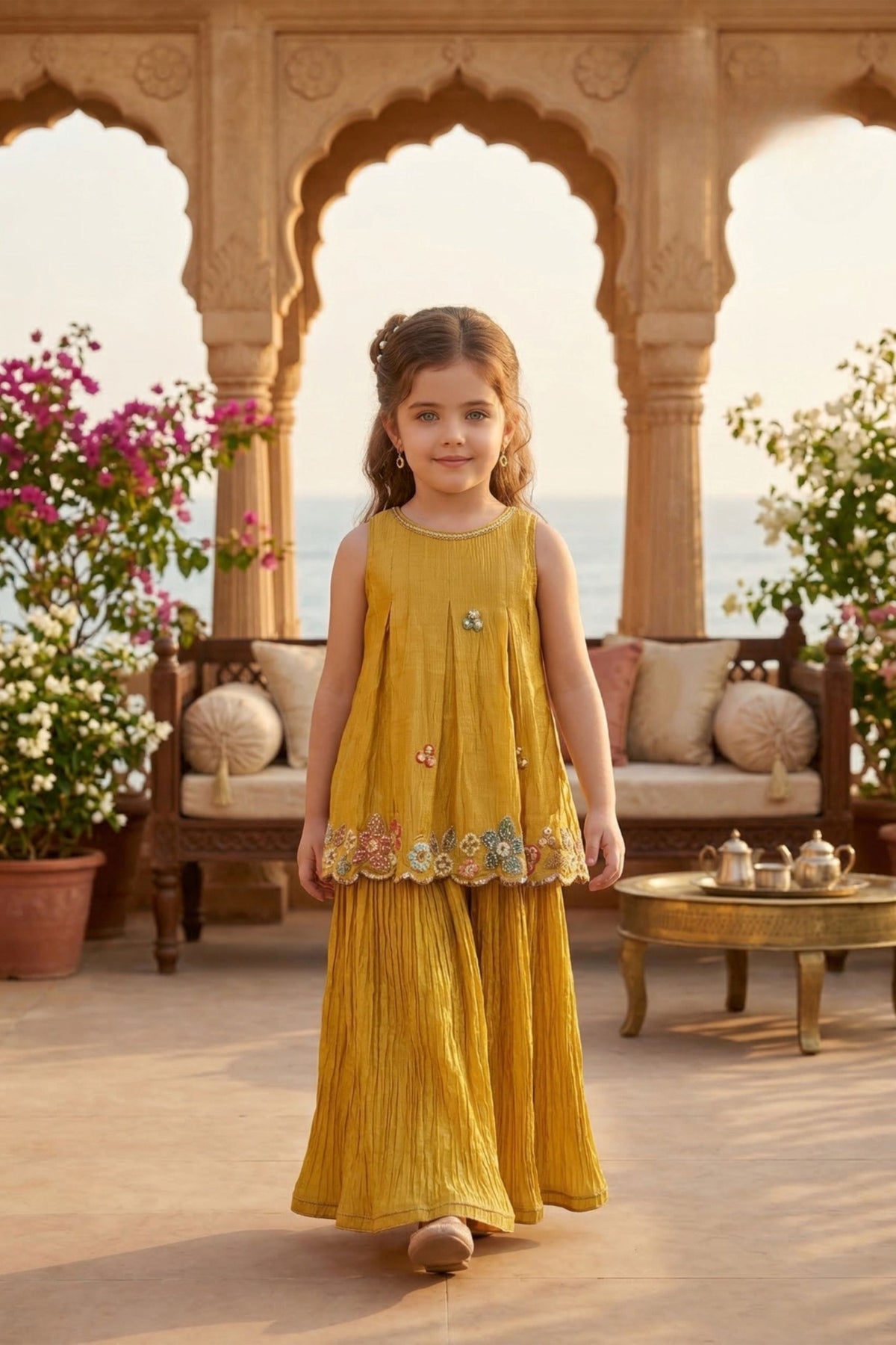 Mustard Yellow Embroidered Kurti with Pleated Palazzo Set | Ethnic Outfit for Girls
