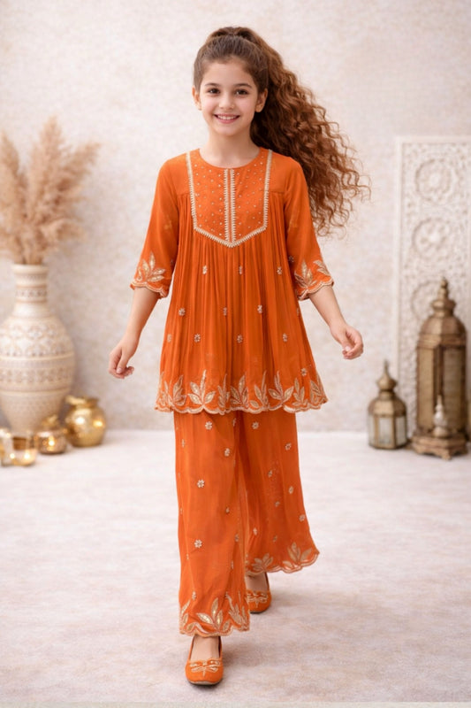 Vibrant Orange Embroidered Kurti with Palazzo Set | Ethnic Outfit for Girls