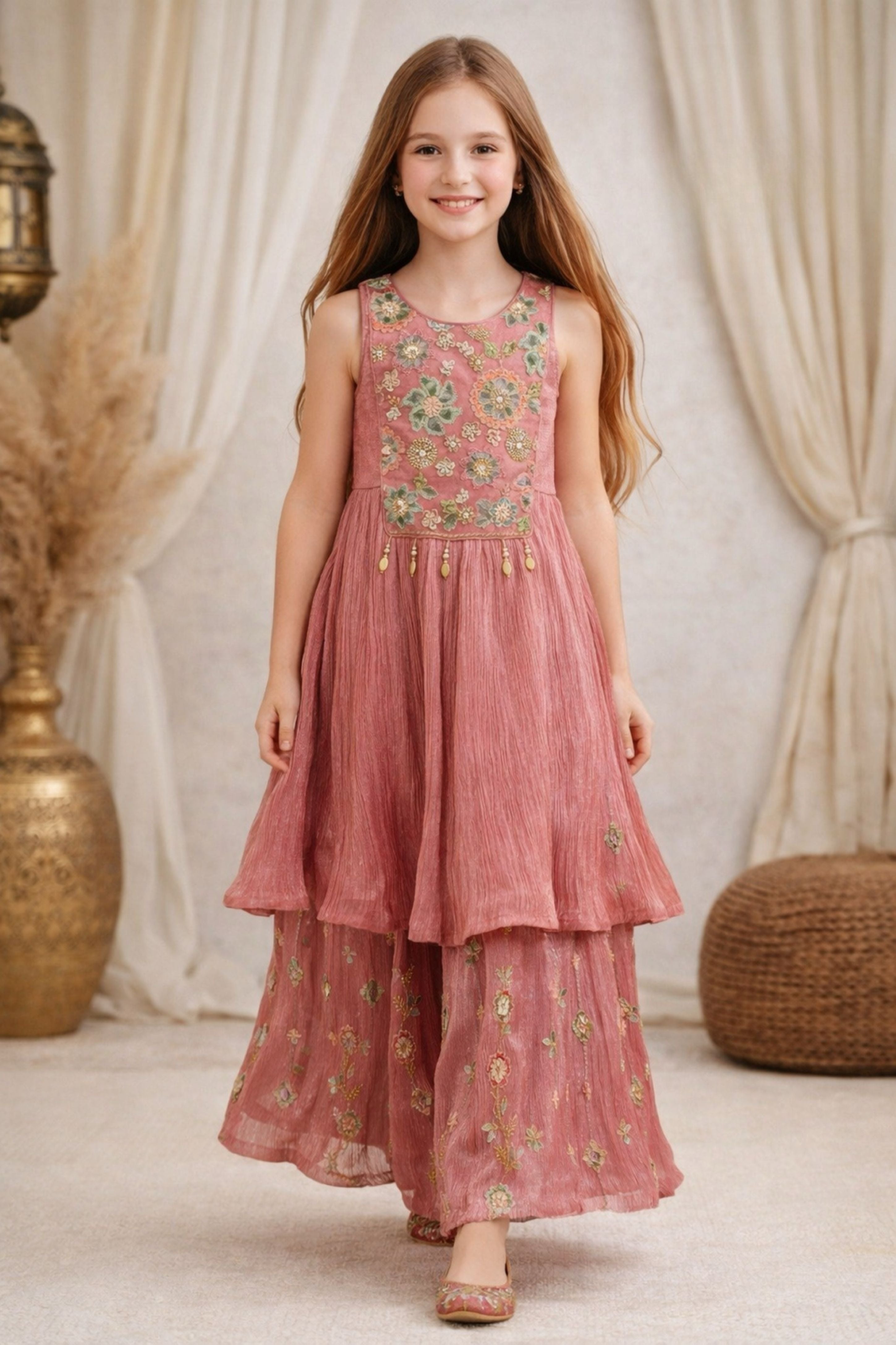 Dusty Rose Embroidered Kurti with Layered Palazzo Set | Festive Ethnic Outfit for Girls