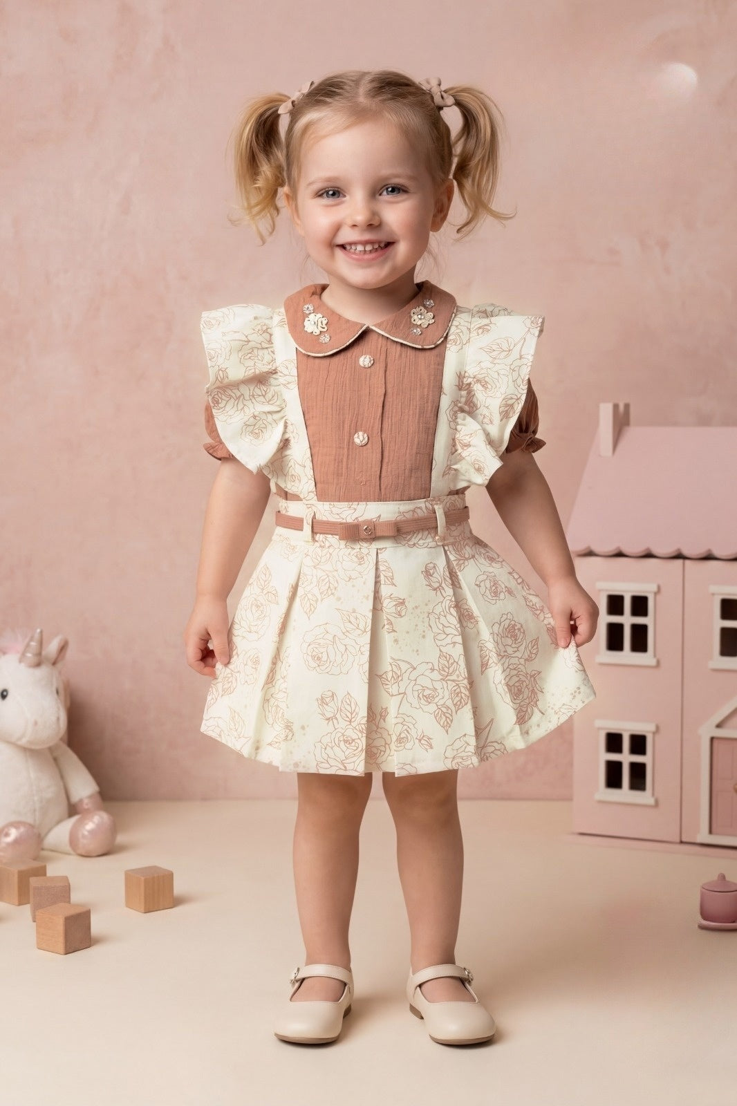 Blush Rust Floral Pinafore Skirt Top Set | Western Outfit for Girls