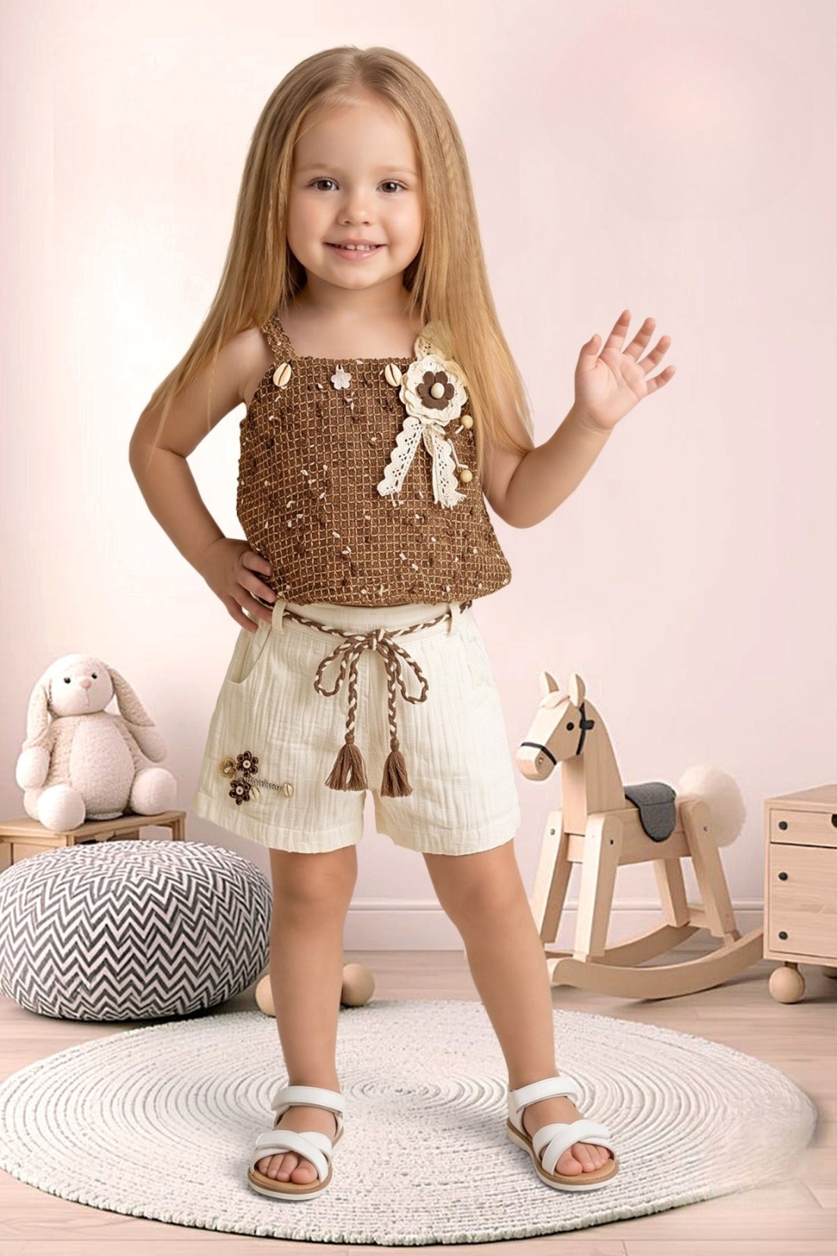 Brown Textured Top with Cream Shorts Set | Western Outfit for Girls