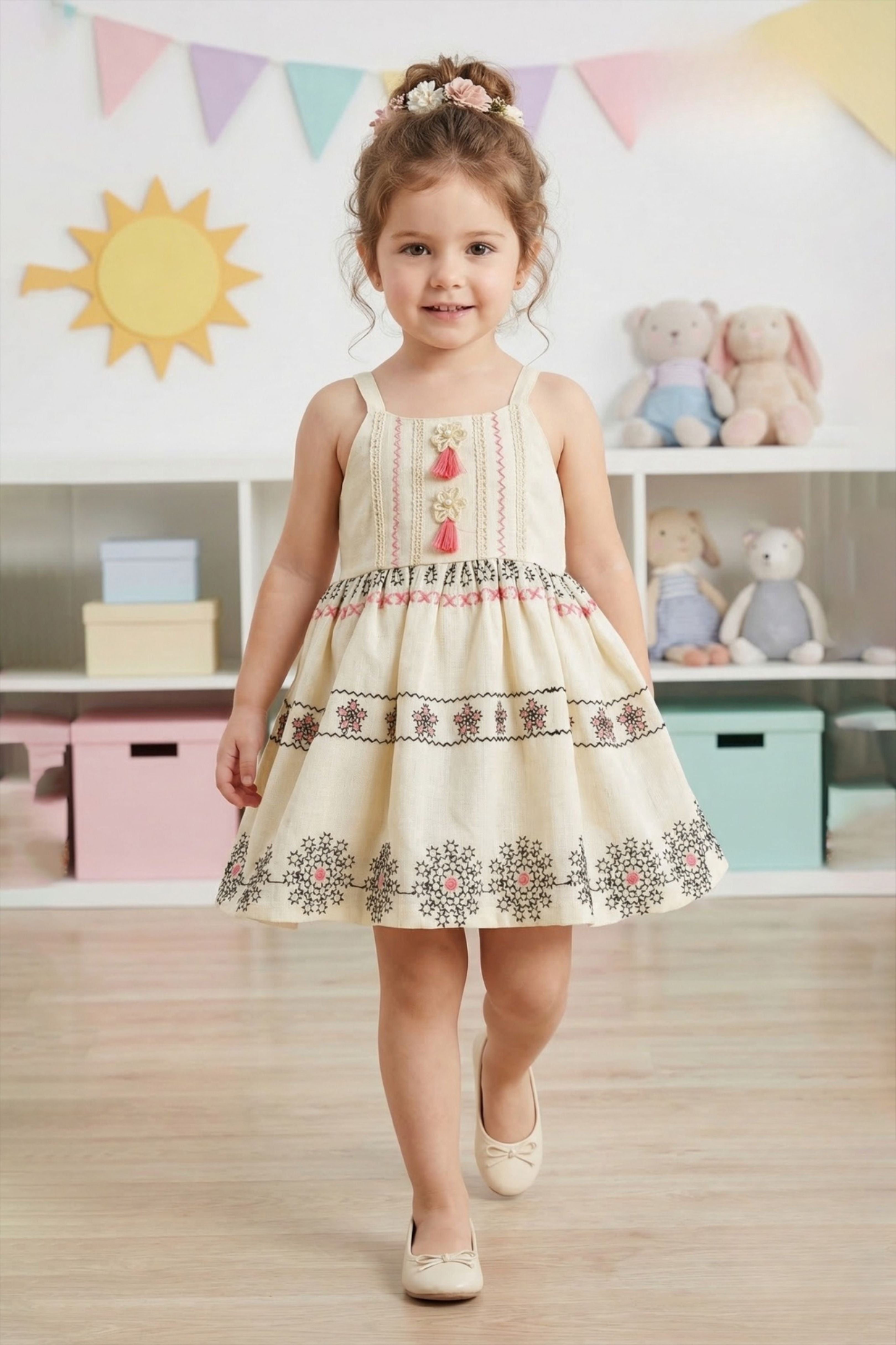 Beige Embroidered Tassel One Piece Frock | Western Dress for Girls