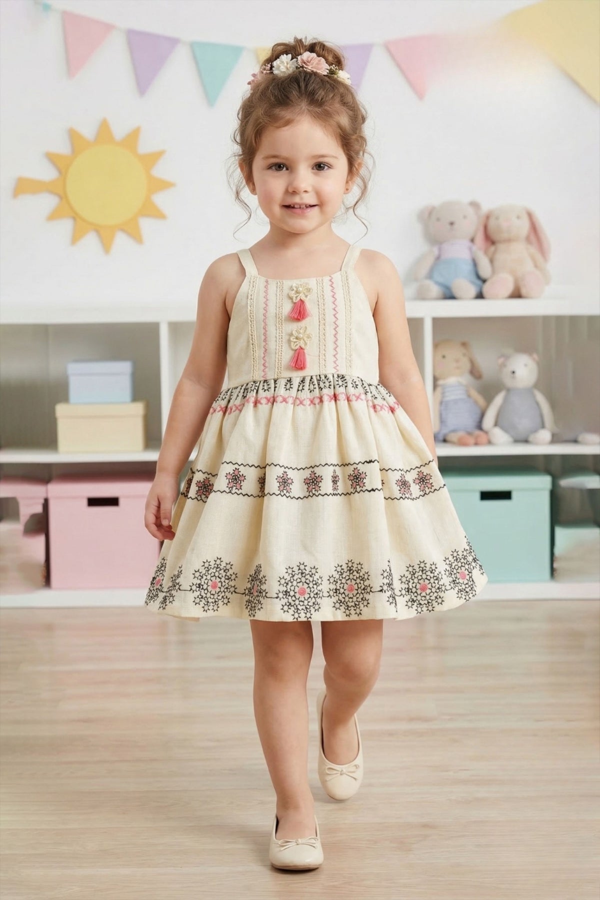 Beige Embroidered Tassel One Piece Frock | Western Dress for Girls