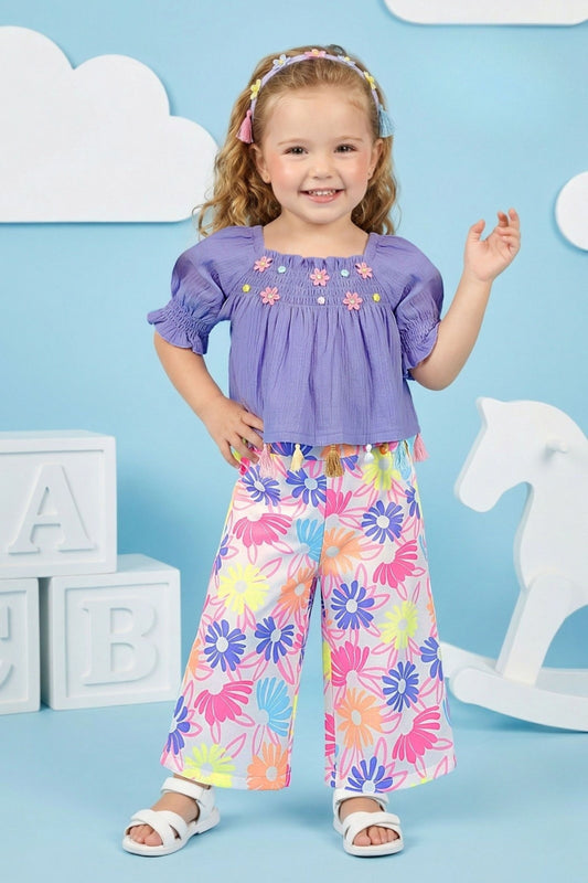 Purple Floral Cute Top & Printed Palazzo Set | Western Wear for Girls