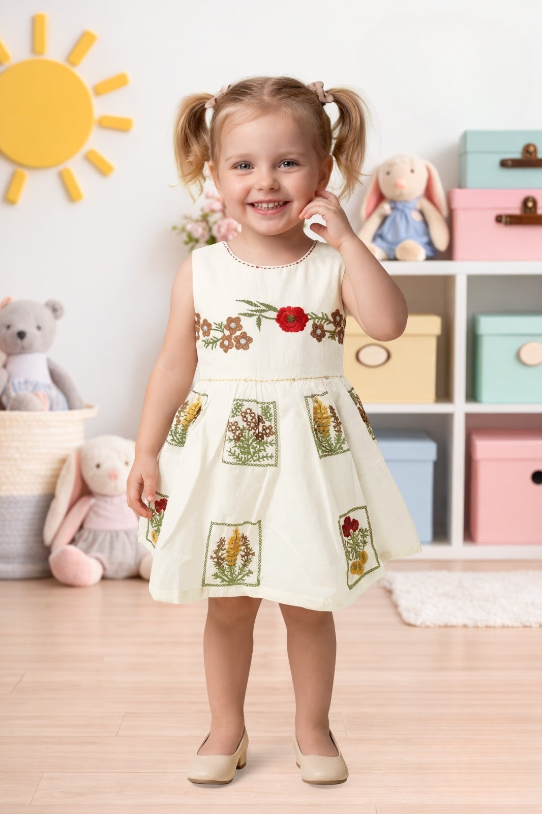 Cream Floral Embroidered One Piece Frock | Western Wear Dress for Girls