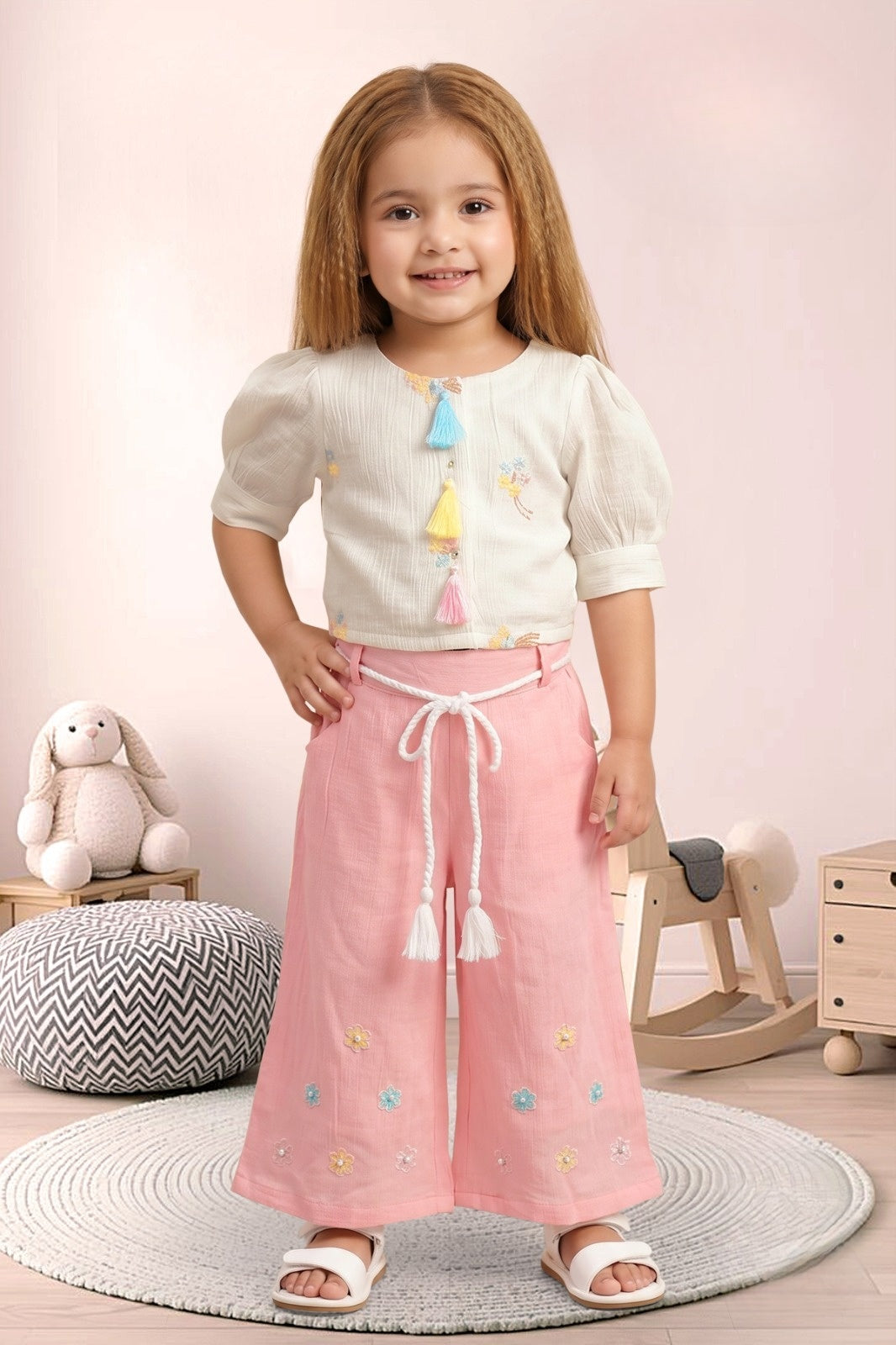 Cream & Pink Tassel Cute Top & Palazzo Set | Western Wear for Baby Girls