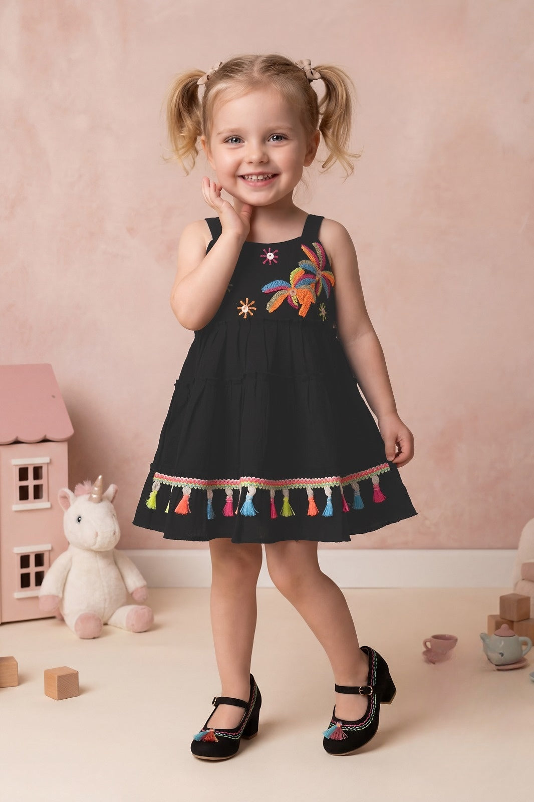 Black Tassel Embroidered One Piece Frock | Western Wear Dress for Girls