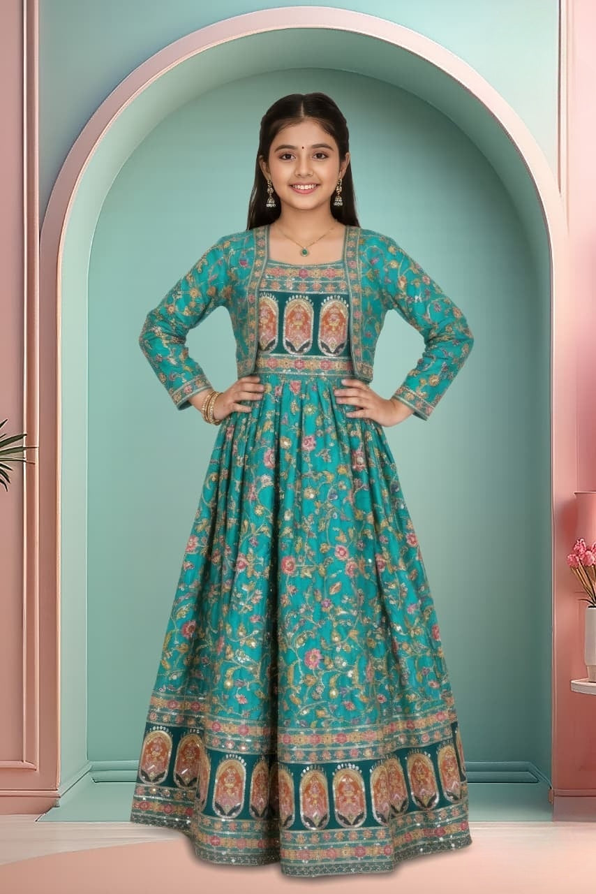 Teal Green Printed Ethnic Lehenga Set | Ethnic Dress for Girls