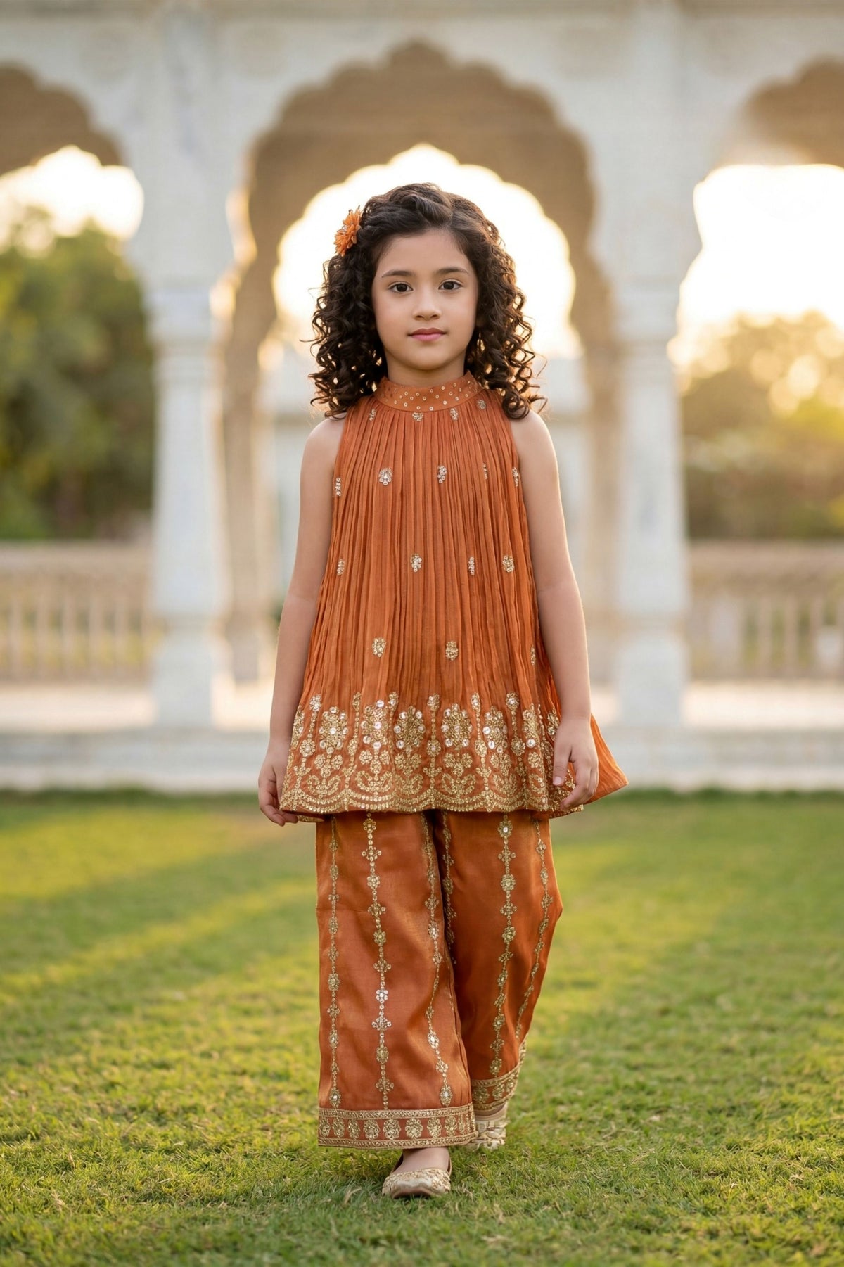 Orange Embellished Kurti Palazzo Set for Girls | Festive Ethnic Wear