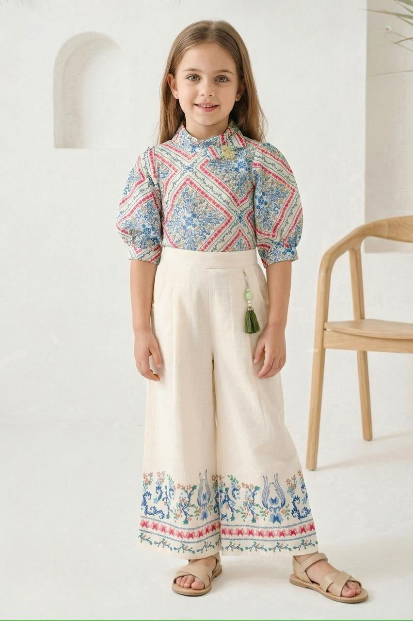 Ivory Blue Printed  Palazzo Set & Fusion Top | Western Wear For Girls