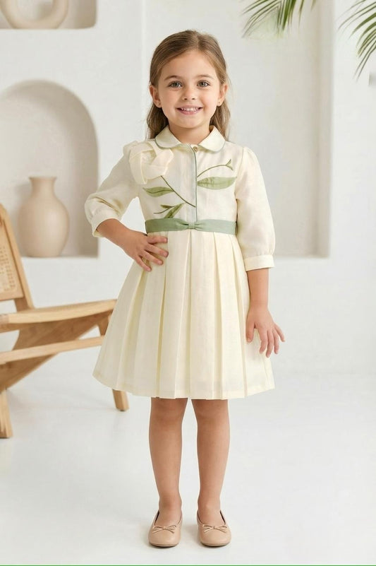 Cream Floral Embroidered  Elegant Pleated Short Frock |  Party Wear Dress for Girls