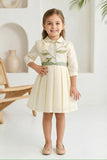 Cream Floral Embroidered  Elegant Pleated Short Frock |  Party Wear Dress for Girls