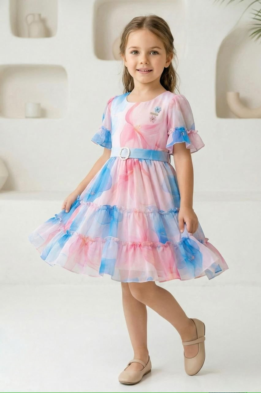 Pastel Organza Layered Elegant Frill Short Frock| Party Wear Frock For Girls