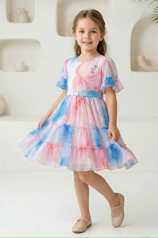Pastel Organza Layered Elegant Frill Short Frock| Party Wear Frock For Girls