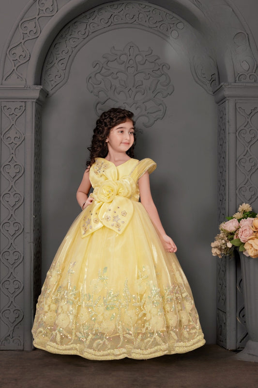 Girls Yellow Floral Embroidered Ball Gown |  Party Wear Dress for Kids