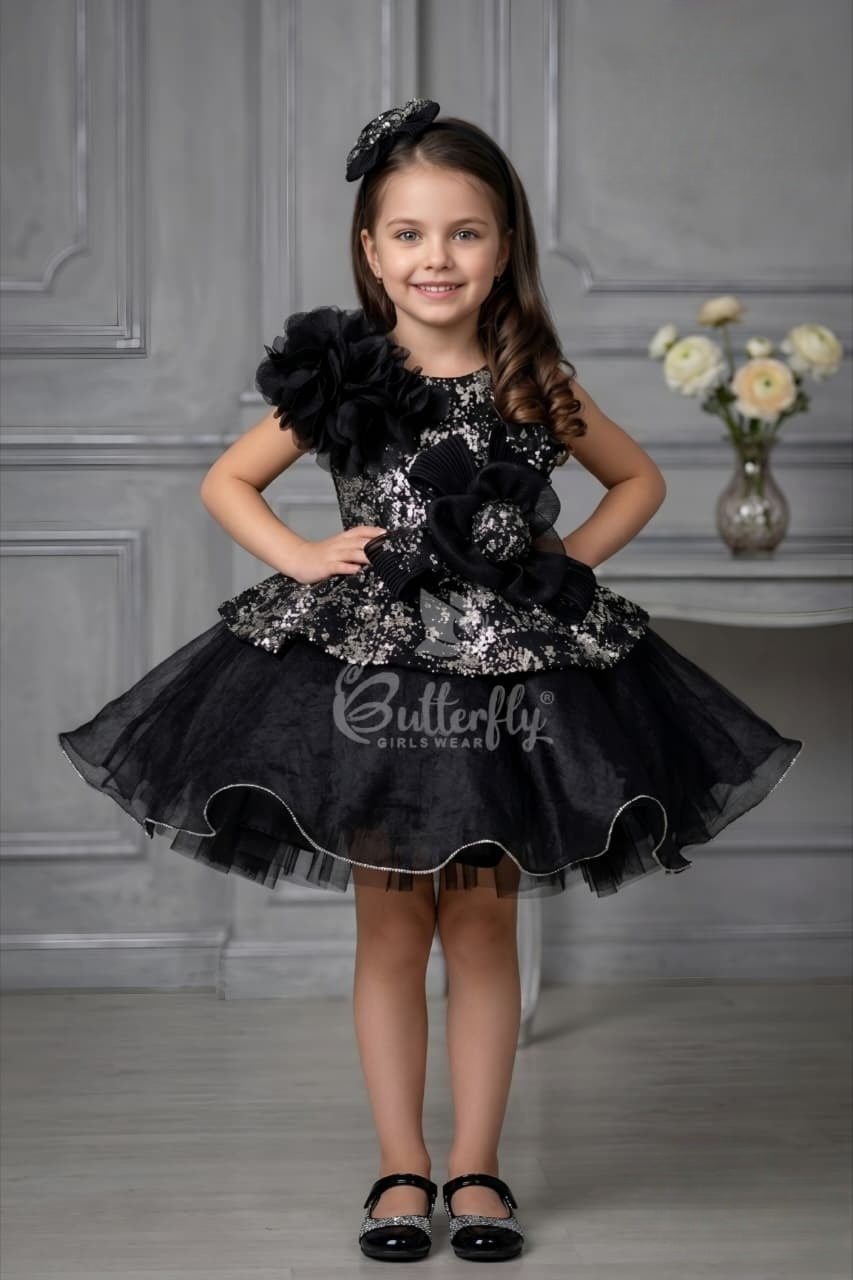 Girls Black Sequin Floral Designer Dress | Party Wear Frock for Kids