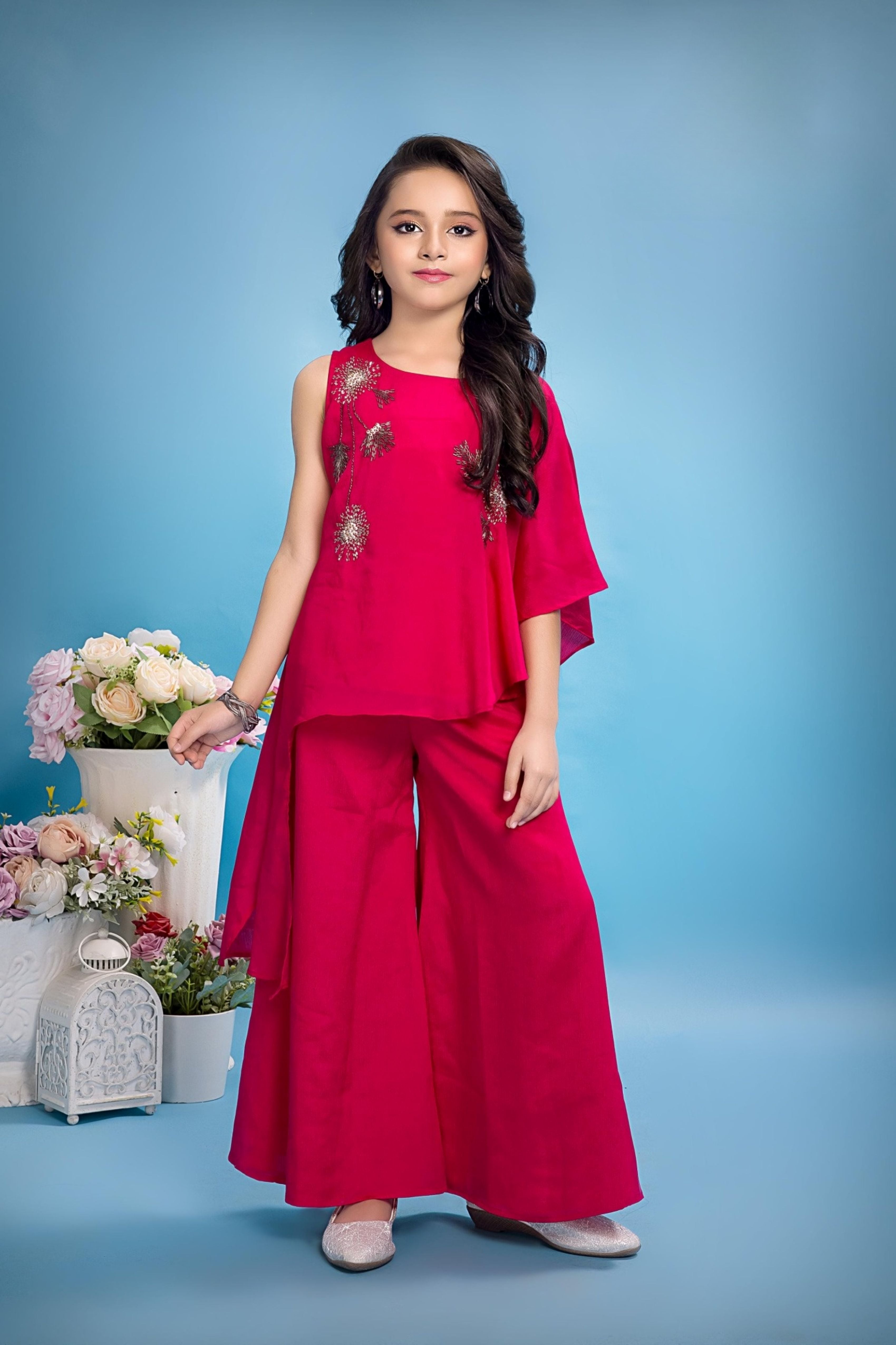 Girls Rani Pink One Shoulder Top with Palazzo  | Ethnic Wear for Kids