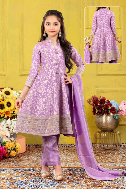 Girls Lavender Embroidered Kurta Pant Set with Dupatta | Ethnic Wear Suit for Kids