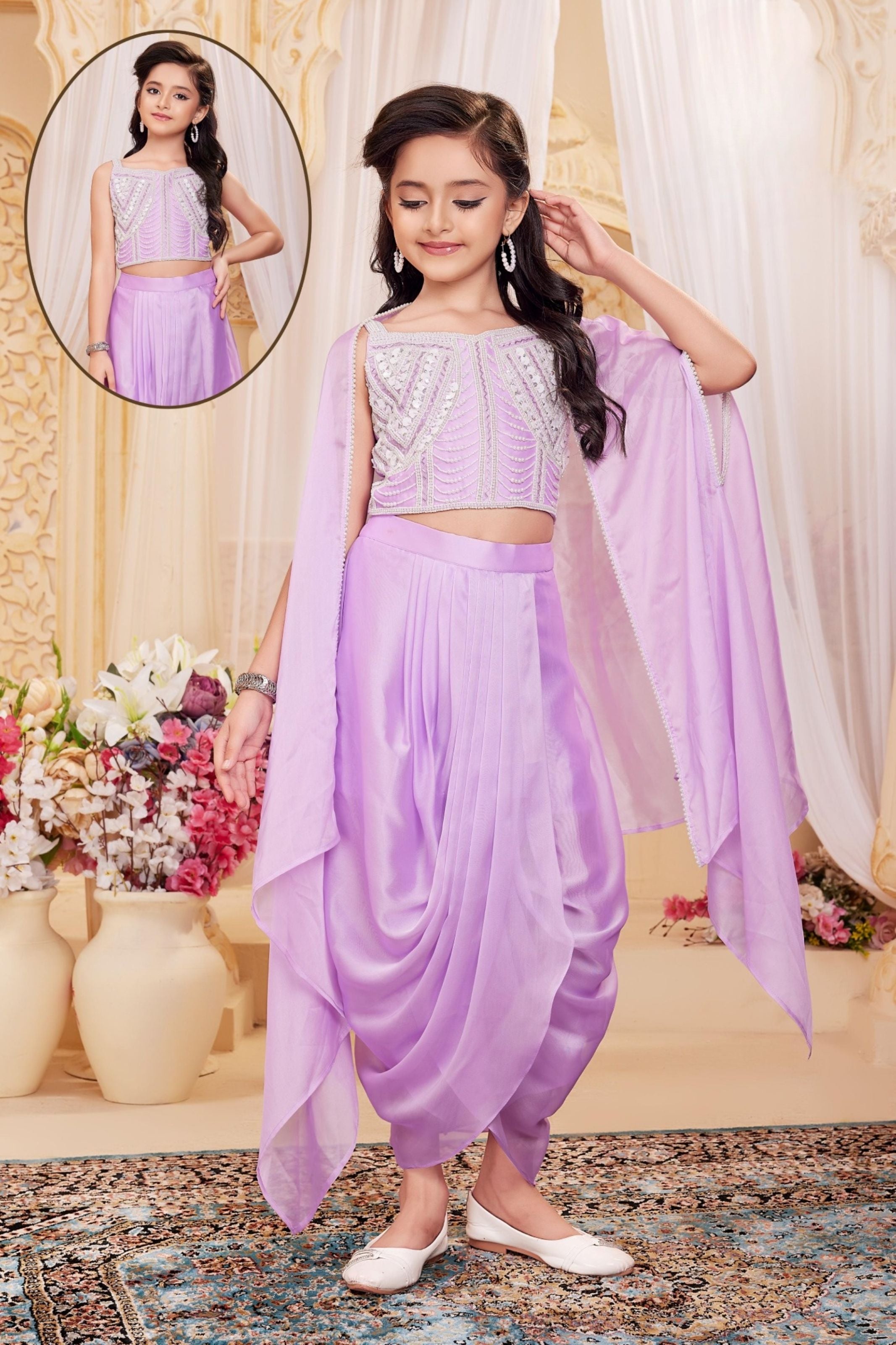 Girls Lavender Embellished Crop Top with Dhoti Pants & Cape Dupatta | Ethnic Wear For Girls