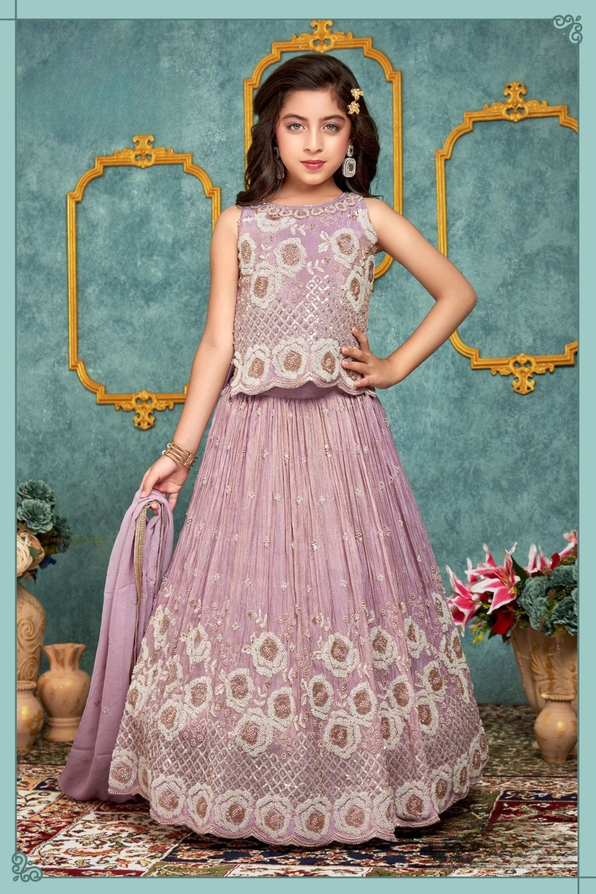 Lavender Floral Embroidered Lehenga Choli with Dupatta |  Ethnic Wear Set for Kids