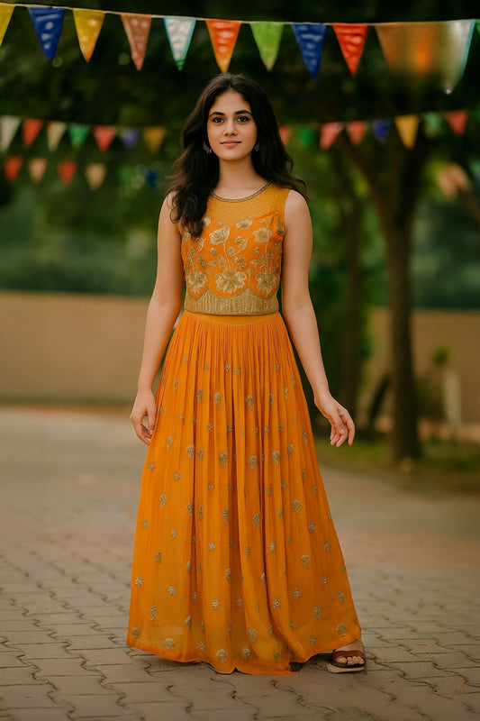 Girls Orange Embroidered Designer  Gown | Ethnic Wear Dress for Kids
