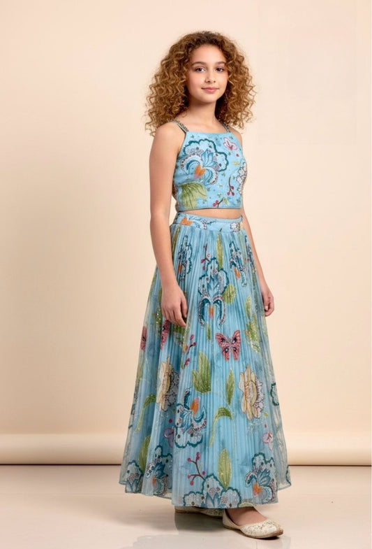 Girls Sky Blue Floral Printed Crop Top with Pleated Lehenga Skirt | Ethnic Wear for Kids