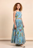 Girls Sky Blue Floral Printed Crop Top with Pleated Lehenga Skirt | Ethnic Wear for Kids