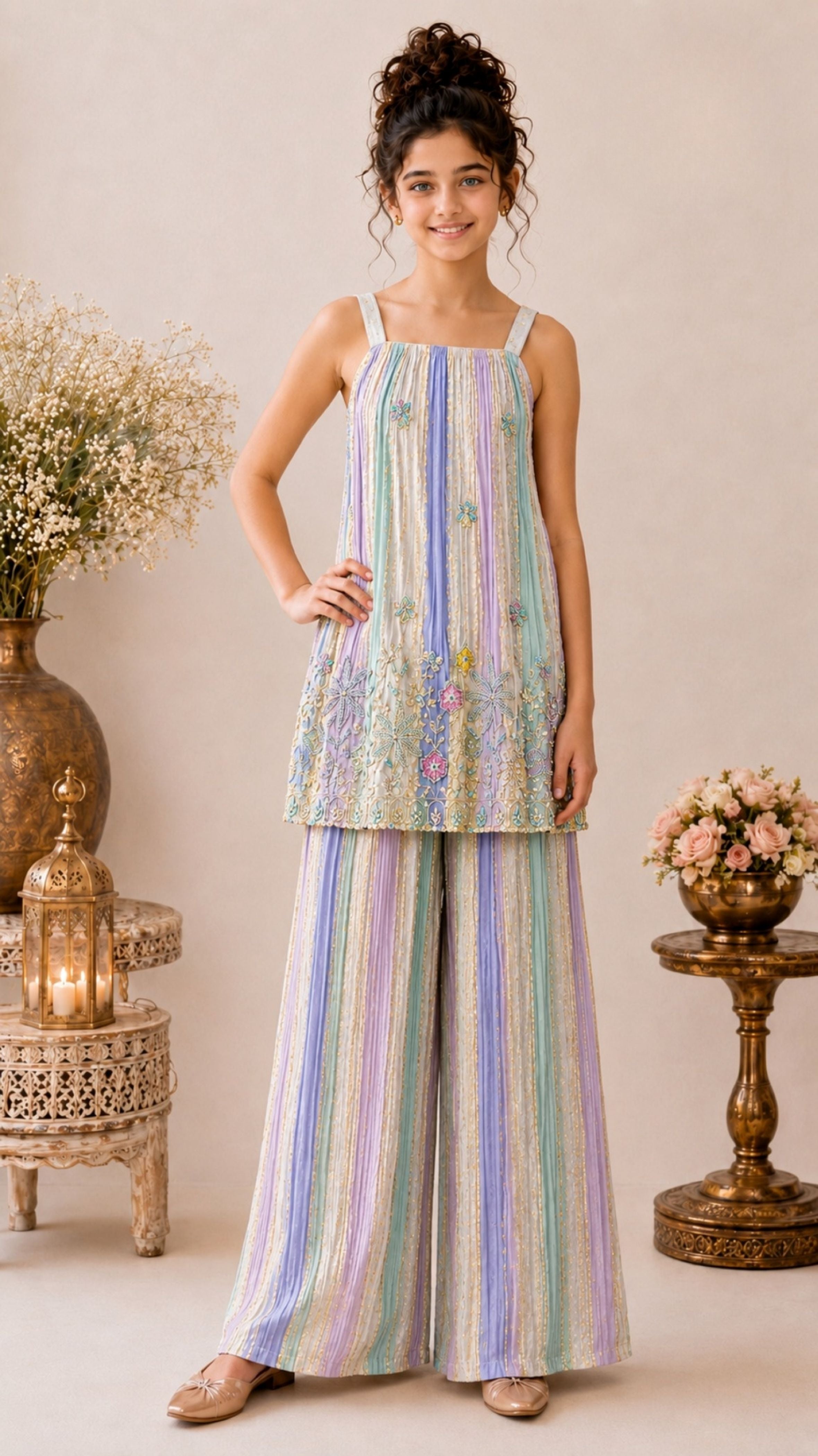 Girls Purple Multicolor Embroidered Tunic with Striped Palazzo Pants . | Ethnic Wear for Kids