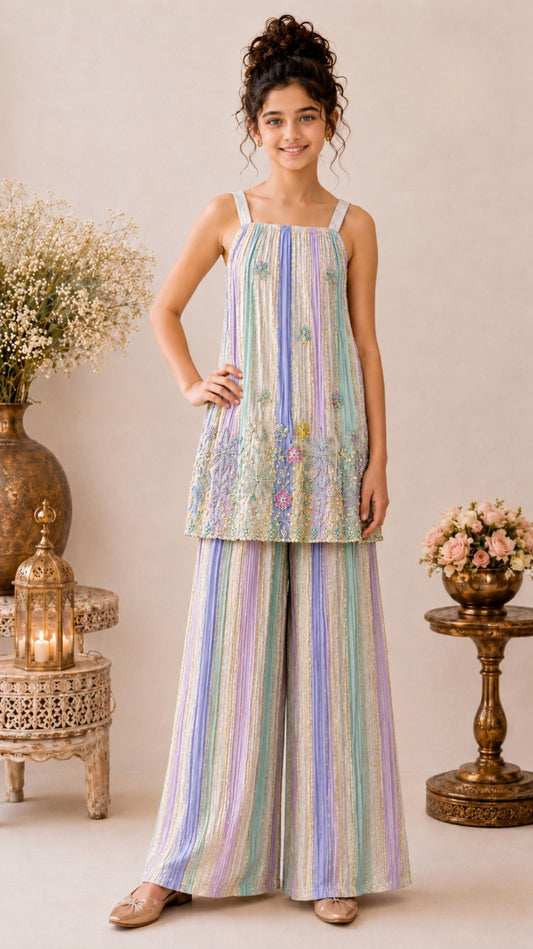 Girls Purple Multicolor Embroidered Tunic with Striped Palazzo Pants . | Ethnic Wear for Kids