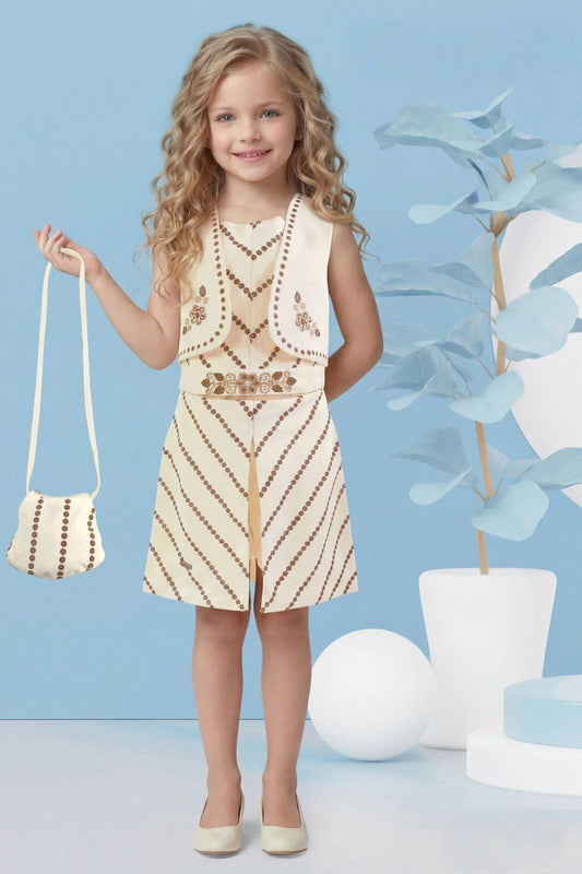 Girls Cream Printed Co-Ord Set with Cropped Vest & Flared Shorts | Western Wear For Girls