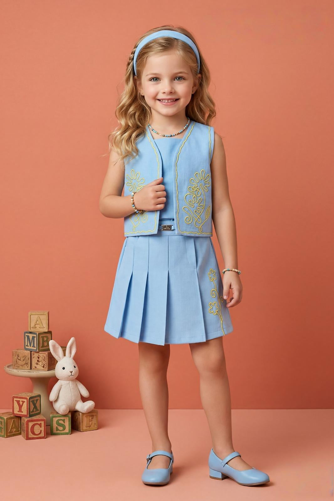 Girls Sky Blue Designer Co-Ord Dress Set with Embroidered Vest And Skirt  | Western Wear For Kids