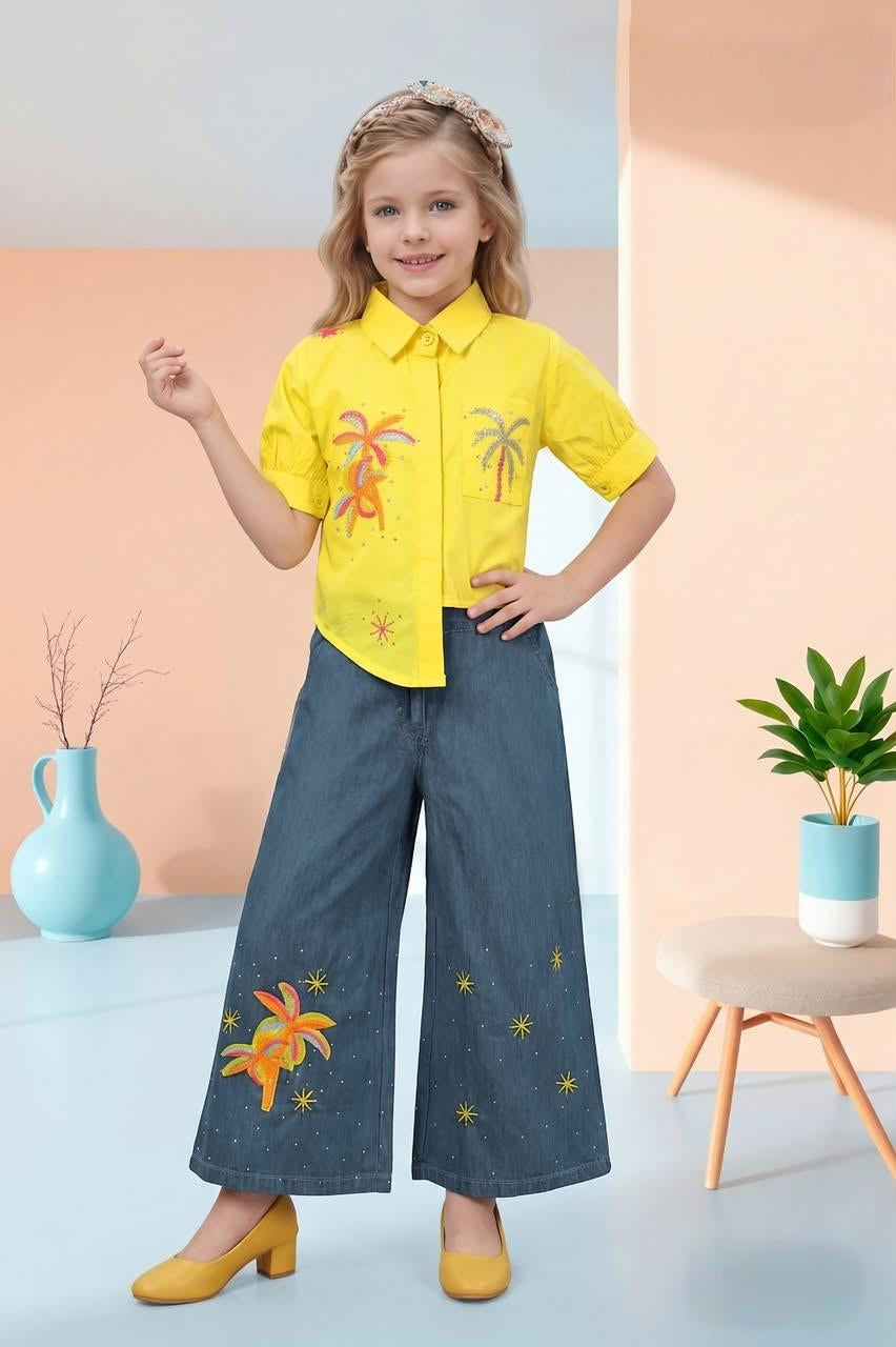 Girls Yellow Embroidered Shirt with Wide-Leg Denim Plazzo| Western Wear For Girls
