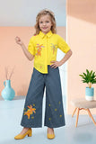 Girls Yellow Embroidered Shirt with Wide-Leg Denim Plazzo| Western Wear For Girls