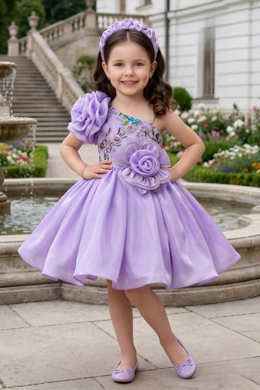 Girls Lavender One Shoulder Floral Short Frock | Party Wear Dress For Kids