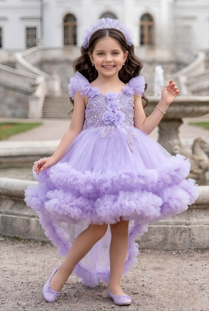 Girls Lavender High-Low Ruffle Party Short Frock | Party Wear Dress For Kids