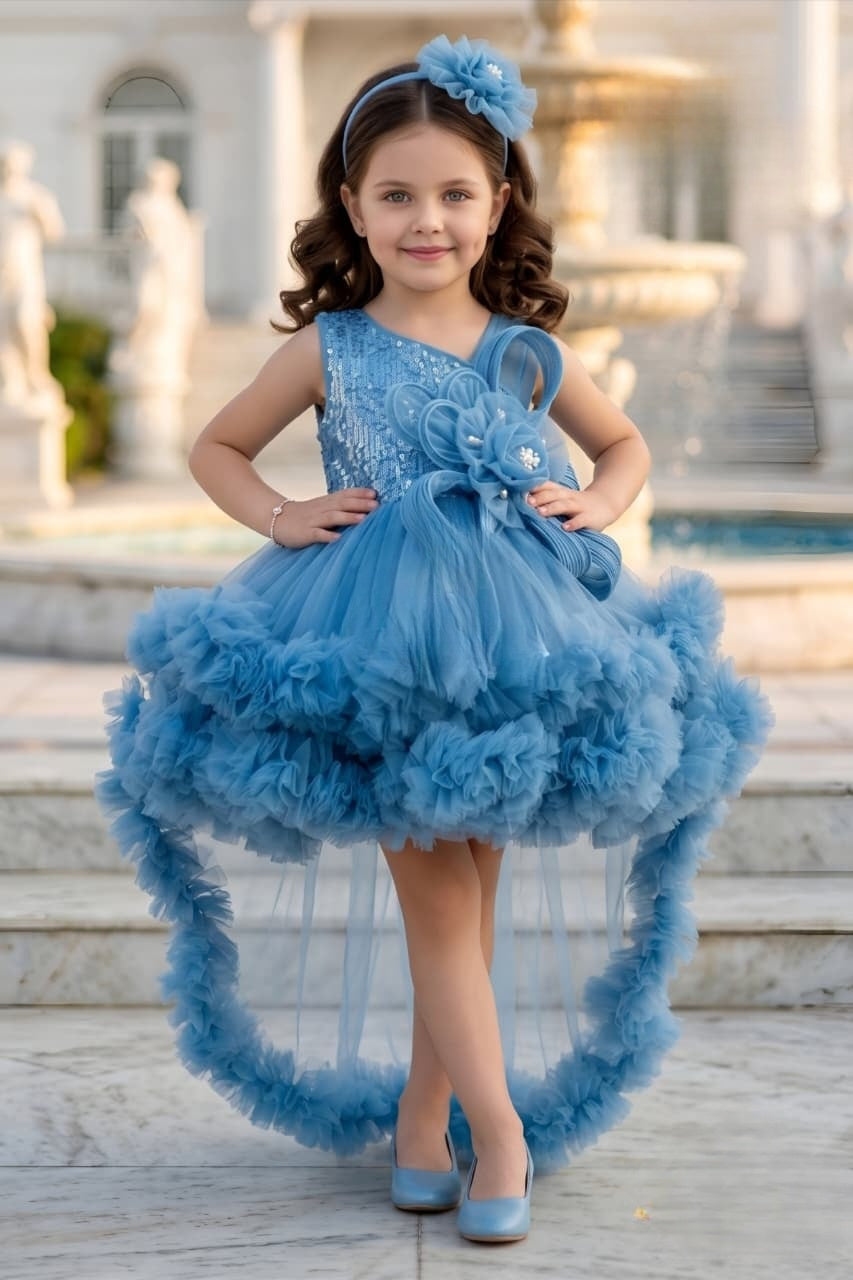 Girls Sky Blue High-Low Ruffle Party Short Frock | Party Wear Dress For Kids