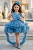 Girls Sky Blue High-Low Ruffle Party Short Frock | Party Wear Dress For Kids