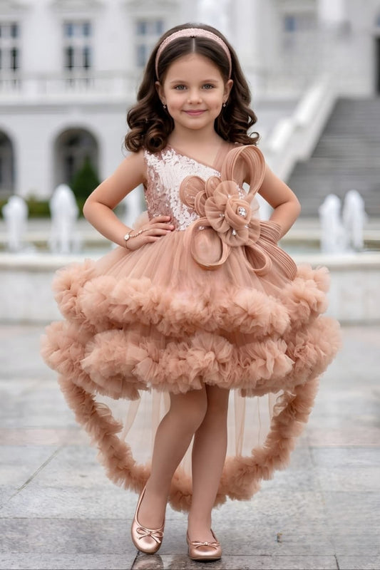 Girls Rose Brown High-Low Ruffle Party Short Frock | Party Wear Dress For Kids