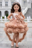 Girls Rose Brown High-Low Ruffle Party Short Frock | Party Wear Dress For Kids
