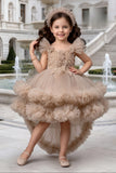Girls Champagne Beige High-Low Ruffle Party Short Frock | Party Wear Dress For Kids
