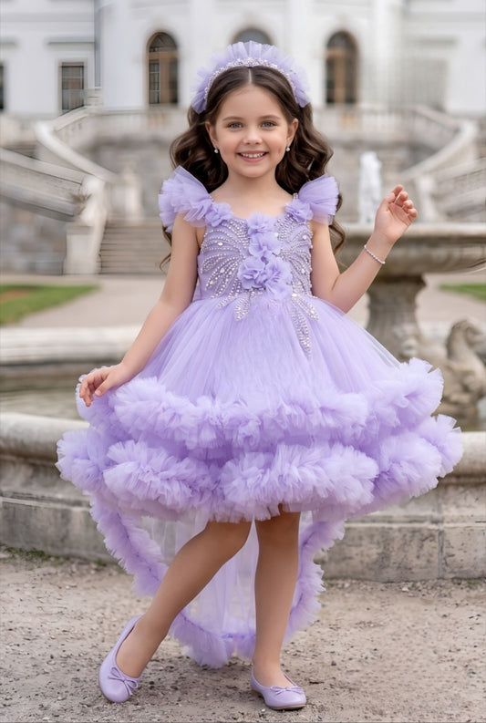 Girls Lavender High-Low Ruffle Party Short Frock | Party Wear Dress For Kids